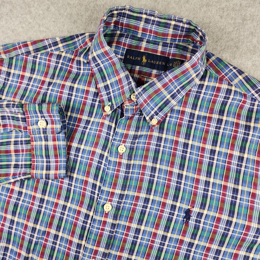 Ralph Lauren Men's L Blue Red Multicolor Plaid Long‎ Sleeve Button Down Shirt